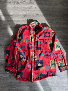 Alexander Julian Red Button-Up Shirt with Navy and Teal Accents